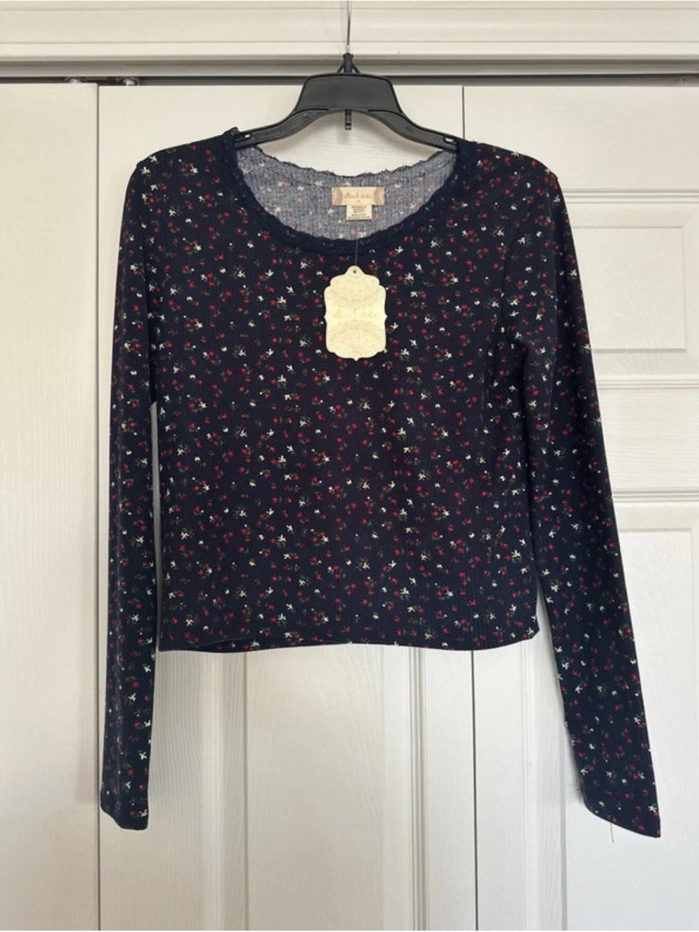 Altar'd State Navy Long-Sleeve Floral Scoop Neck Top